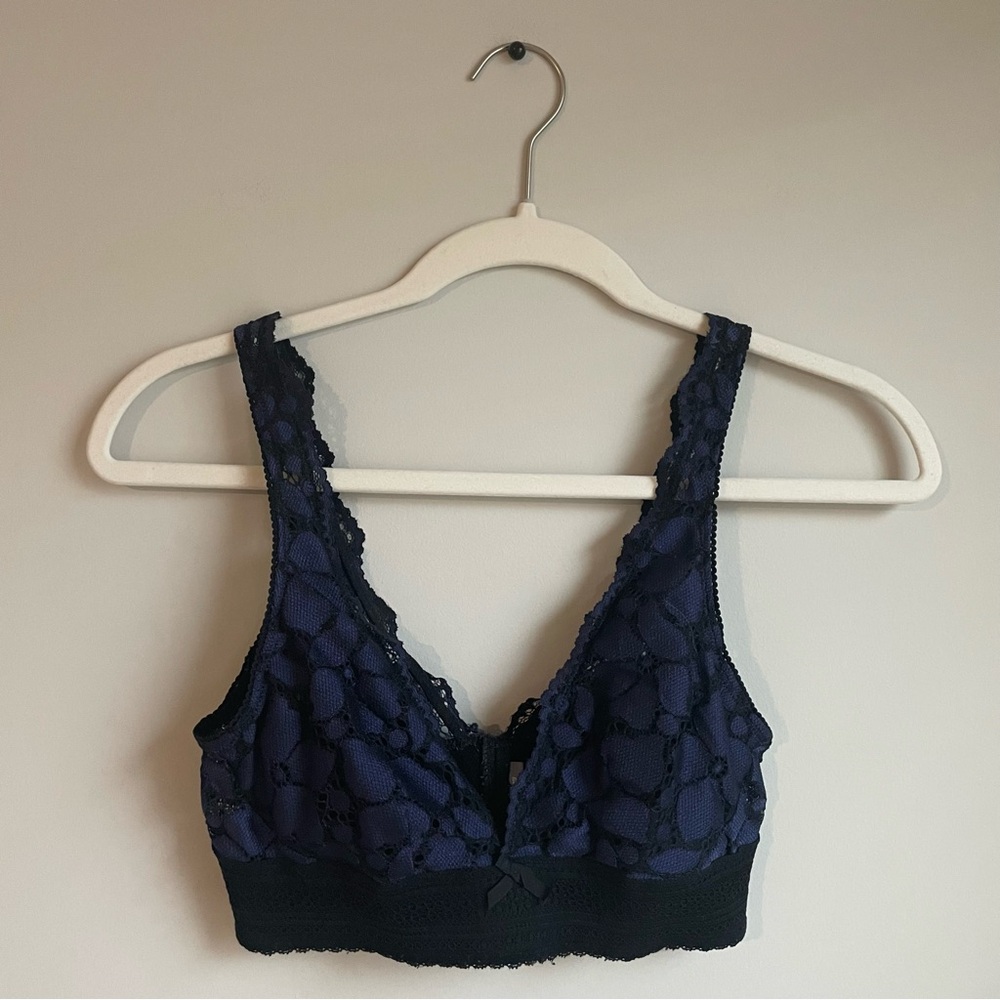 Aerie Blue Lace Plunge Bralette with Removable Pads, Size Small